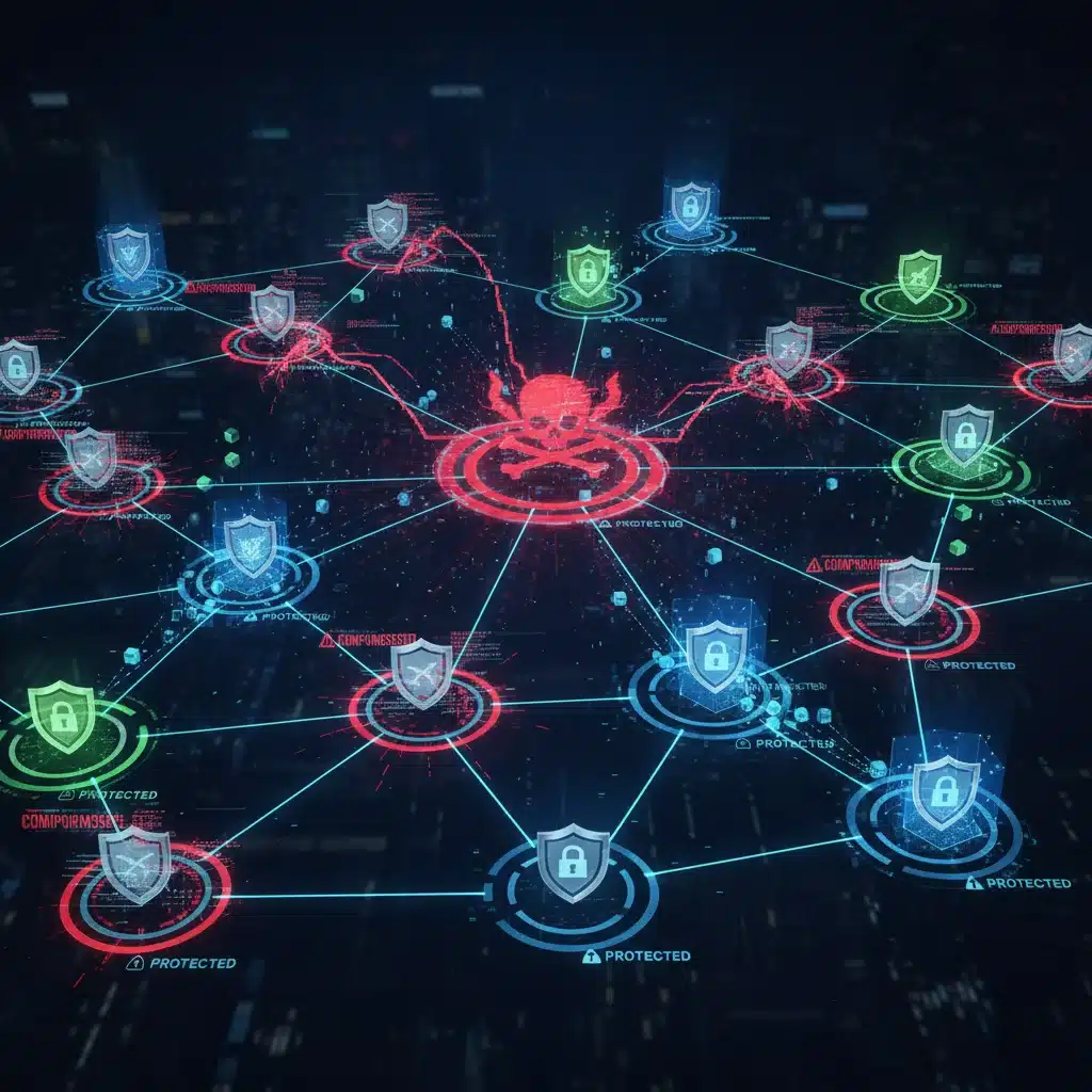 Interconnected business network showing compromised and secure nodes, illustrating ransomware spread.