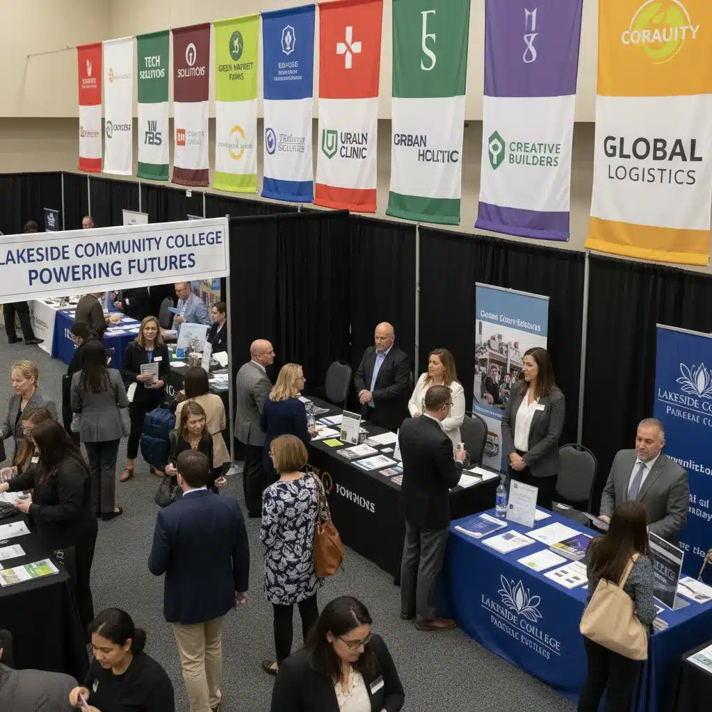 Adults at a community college career fair interacting with industry recruiters.