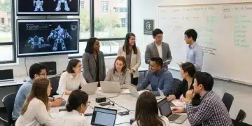 Students and instructors collaborating in a modern community college classroom.