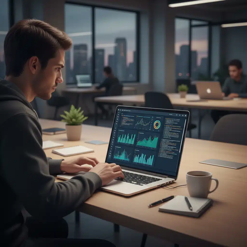 Individual analyzing data on a laptop, demonstrating digital and analytical skills.