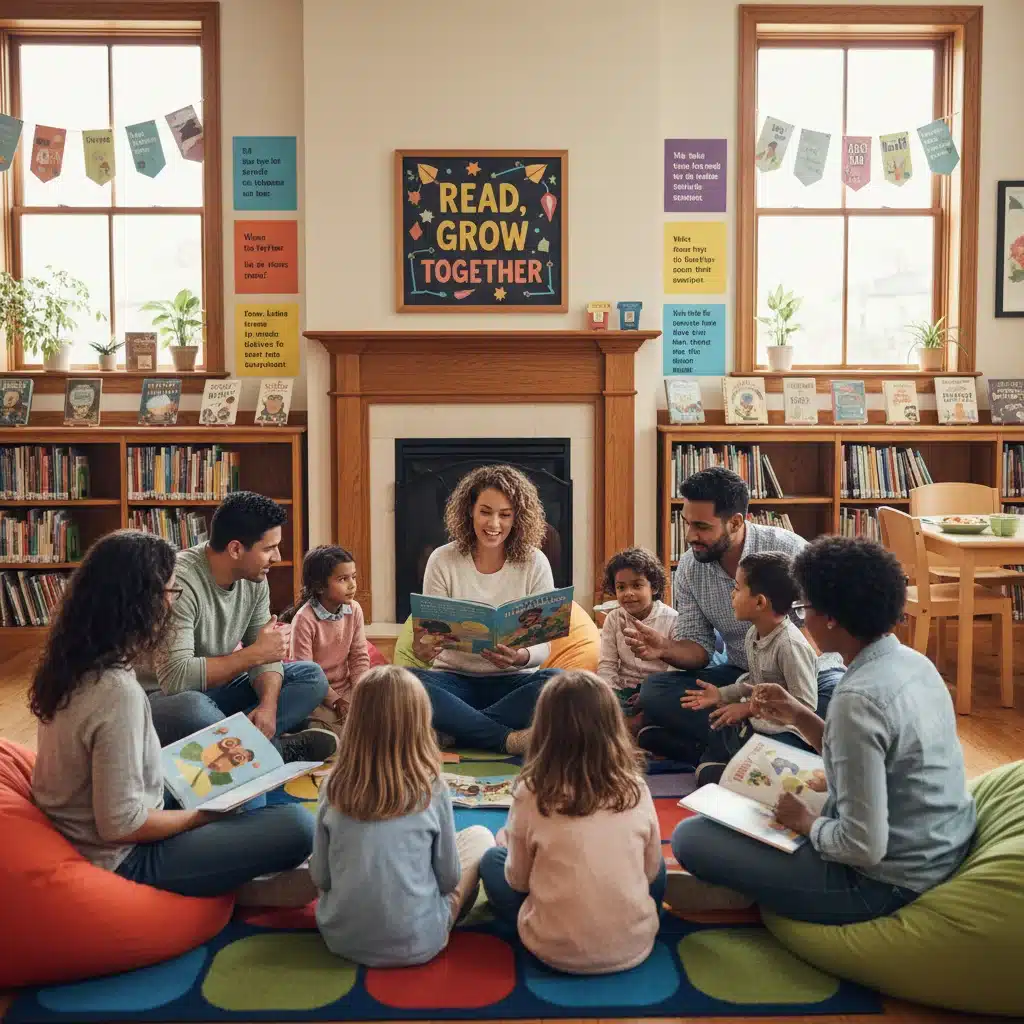 Families participating in a community literacy workshop, promoting reading at home.
