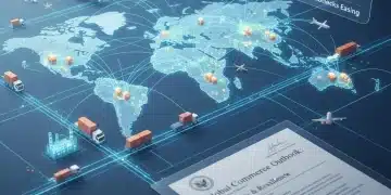 Global supply chain network with ships, trucks, and planes, calendar showing mid-2026, and a government report.