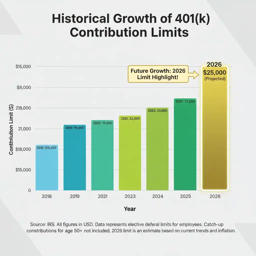 Historical 401(k) contribution limits chart 2026