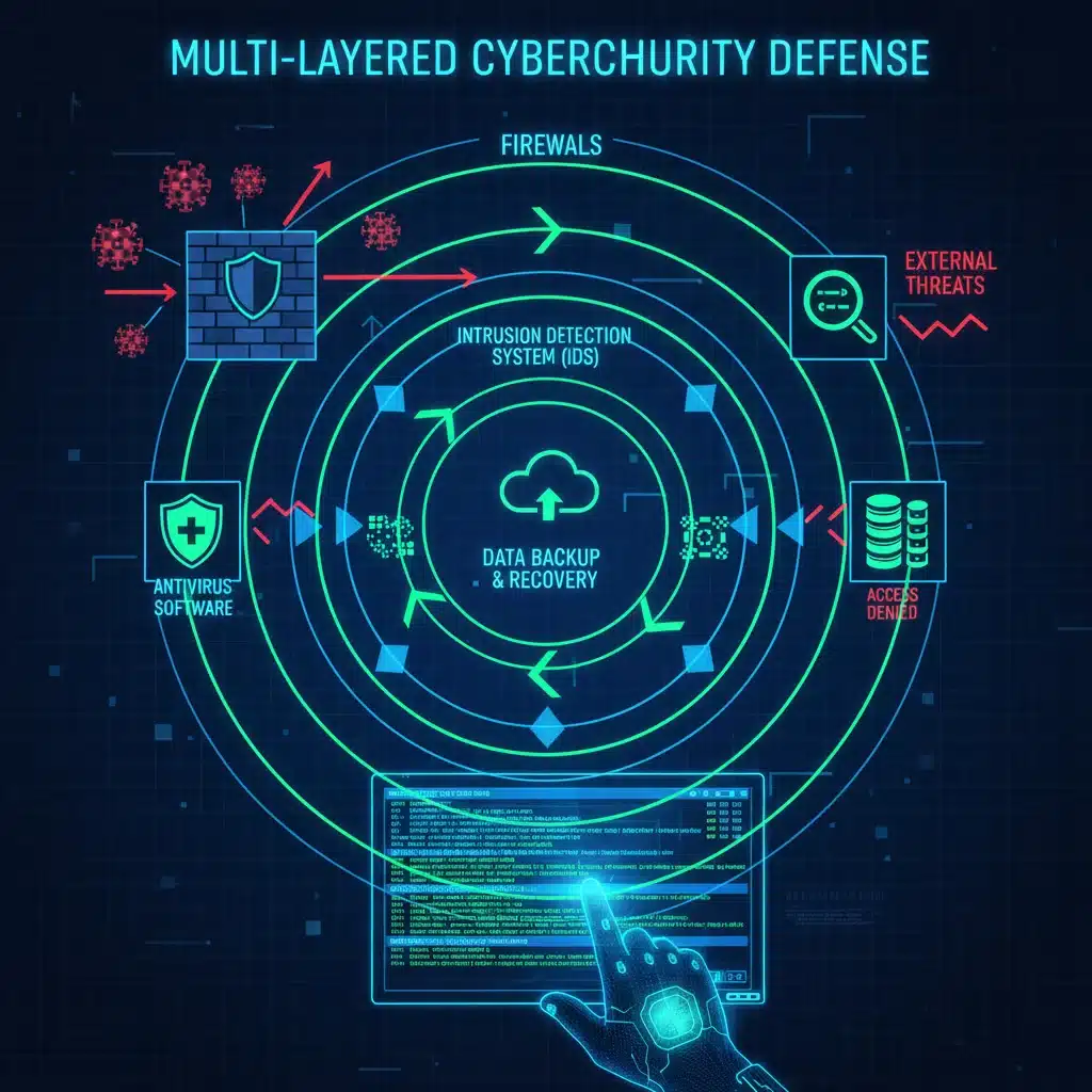 Layered cybersecurity defense architecture with firewalls, IDS, and data backup protecting a system.