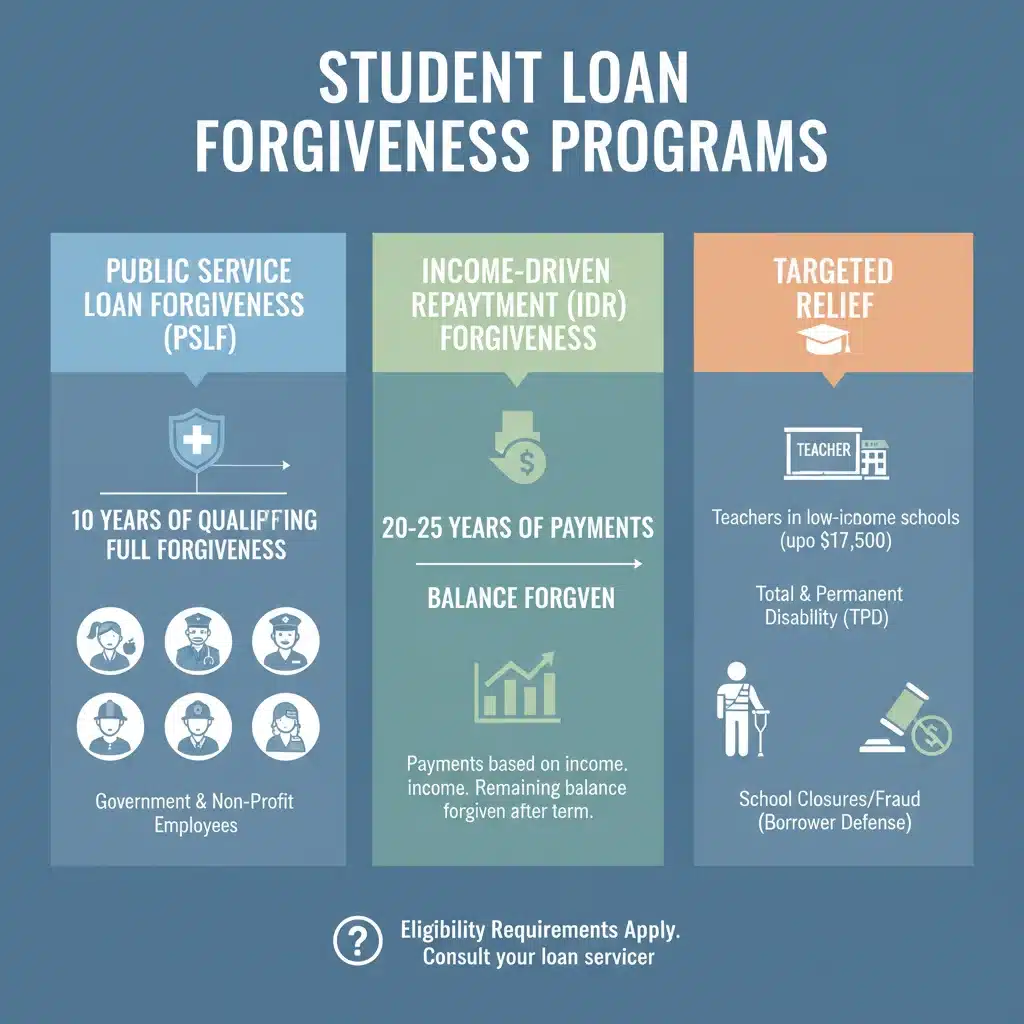Infographic detailing various student loan forgiveness programs