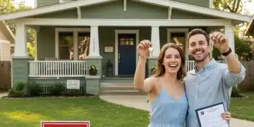 Young couple celebrating homeownership with new house keys