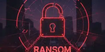 Digital padlock over a glowing network grid, symbolizing a ransomware threat to businesses.