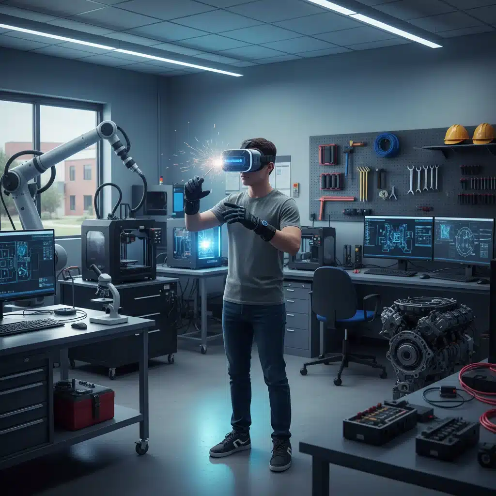 Student using VR for technical skill training at a community college.