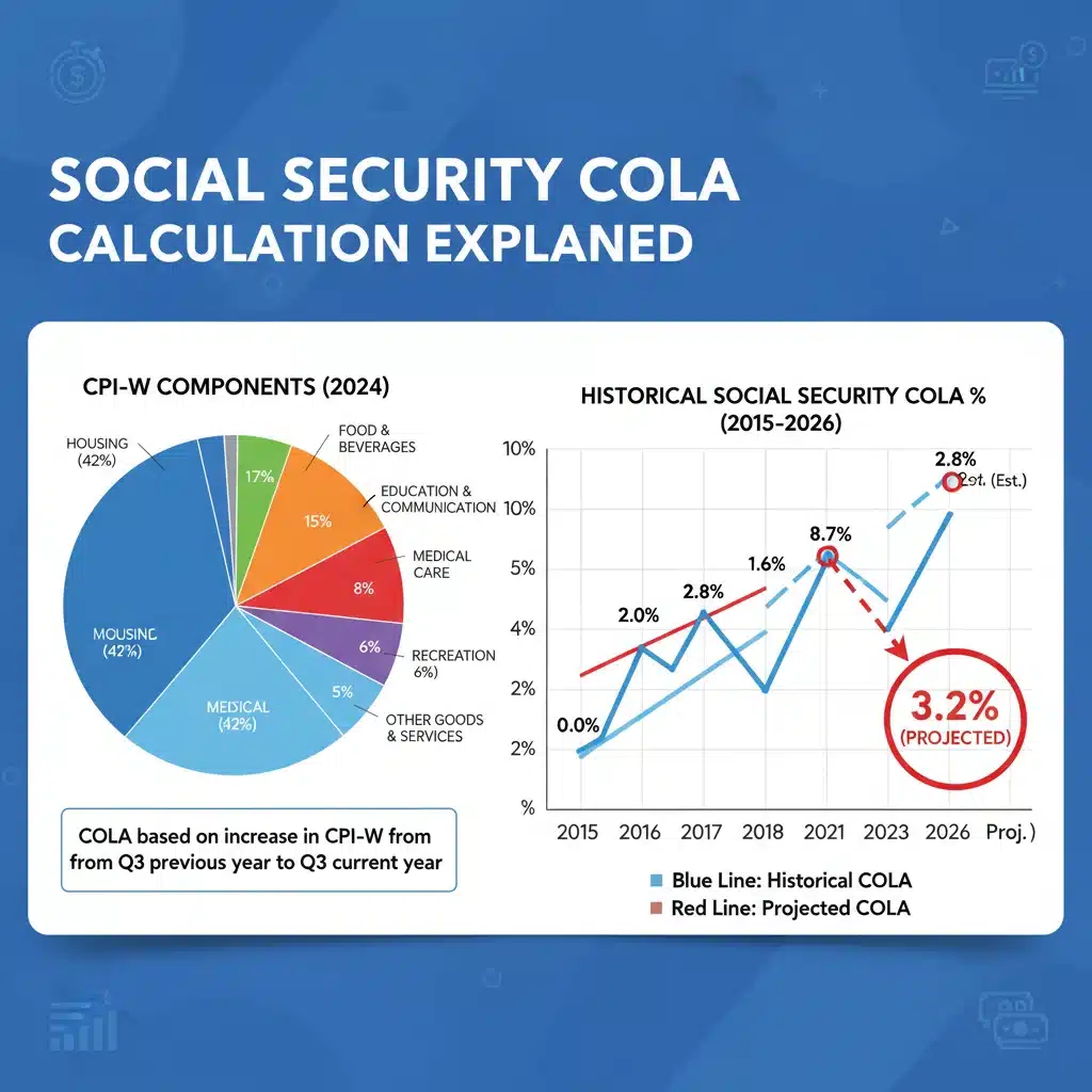 Infographic showing Social Security COLA calculation and historical trends