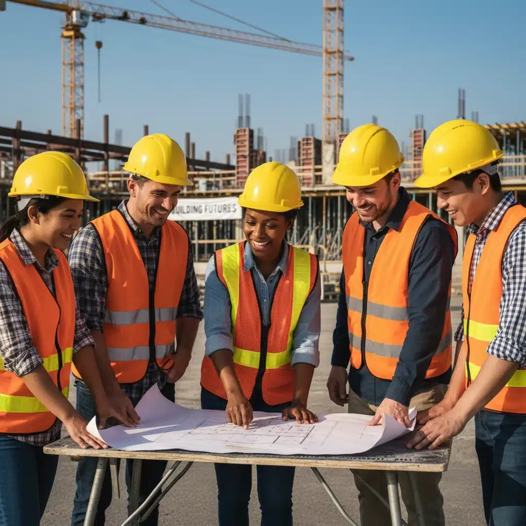 Construction workers reviewing blueprints on a job site