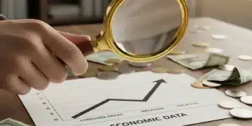 Magnifying glass over rising CPI chart with currency, symbolizing inflation