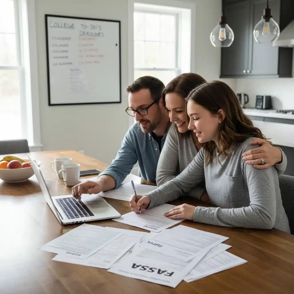 Family discussing college financial aid documents at a kitchen table, preparing for student aid application.