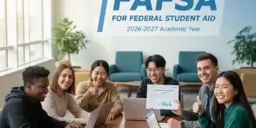 Students smiling, looking at financial aid forms and laptops, symbolizing the new Federal Student Aid Application process.