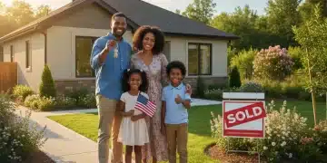 Happy family in front of their new home, symbolizing federal housing assistance success.