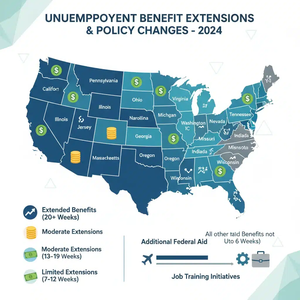 Infographic showing US map with state-specific unemployment benefit extensions.