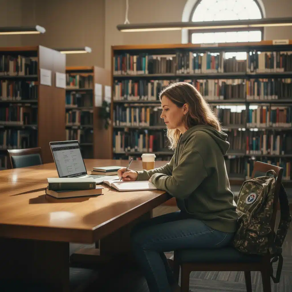 Veteran student studying in a university library, utilizing educational benefits.