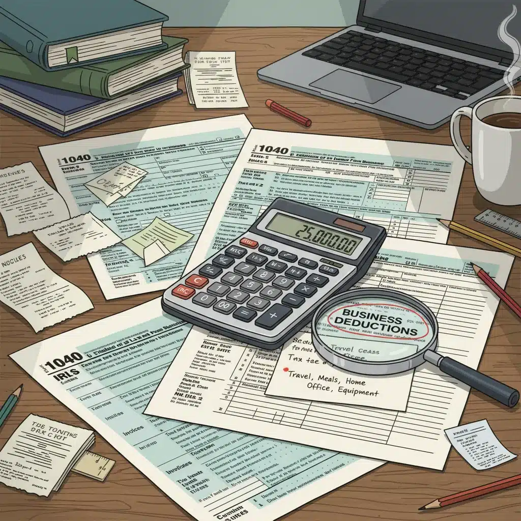 Detailed view of tax forms and calculator for business deductions