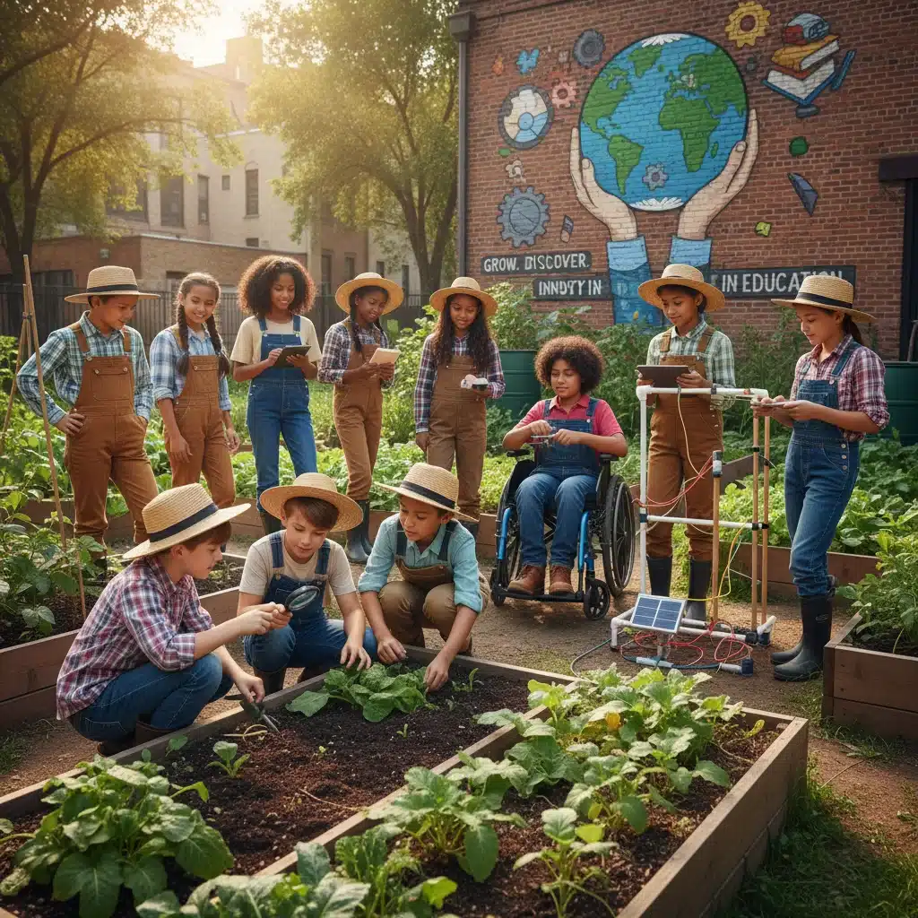 Diverse students engaged in outdoor, project-based learning, reflecting equitable education.