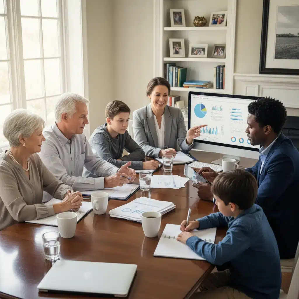 Family consulting a financial advisor about intergenerational wealth and retirement plans.