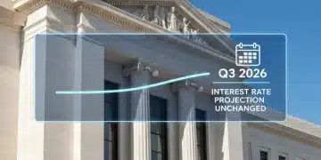 Federal Reserve building with a stable interest rate graph overlay.
