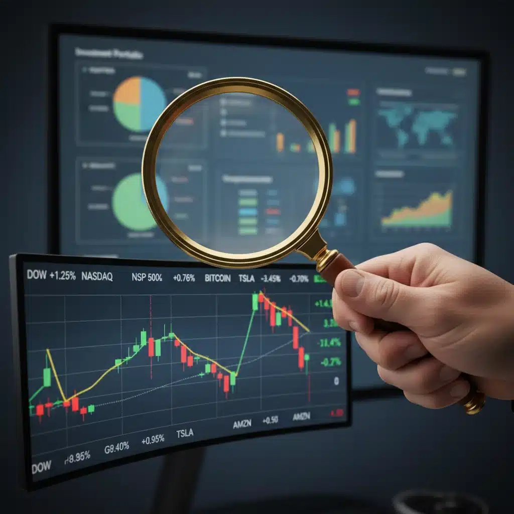 Hand with magnifying glass over stock market ticker, representing careful investment analysis.