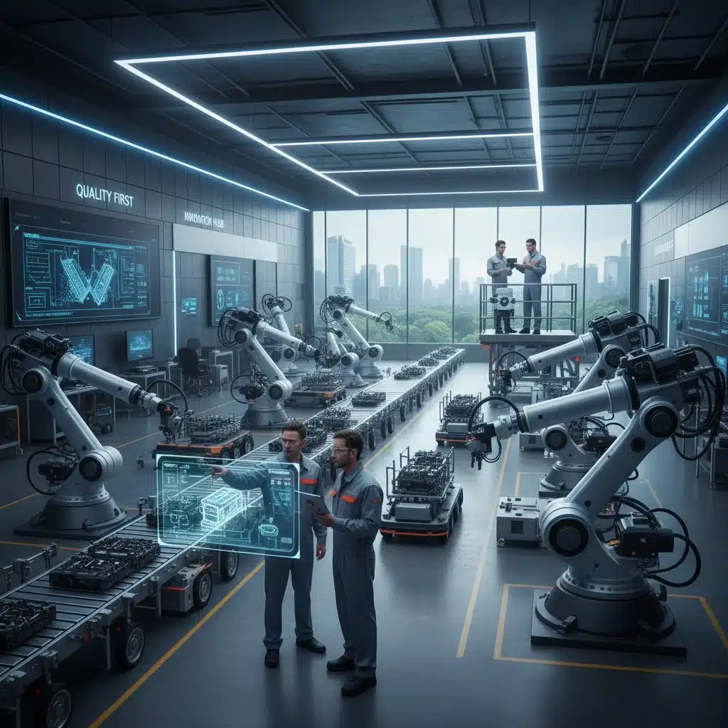 Modern factory floor with skilled workers and automation reflecting job market evolution