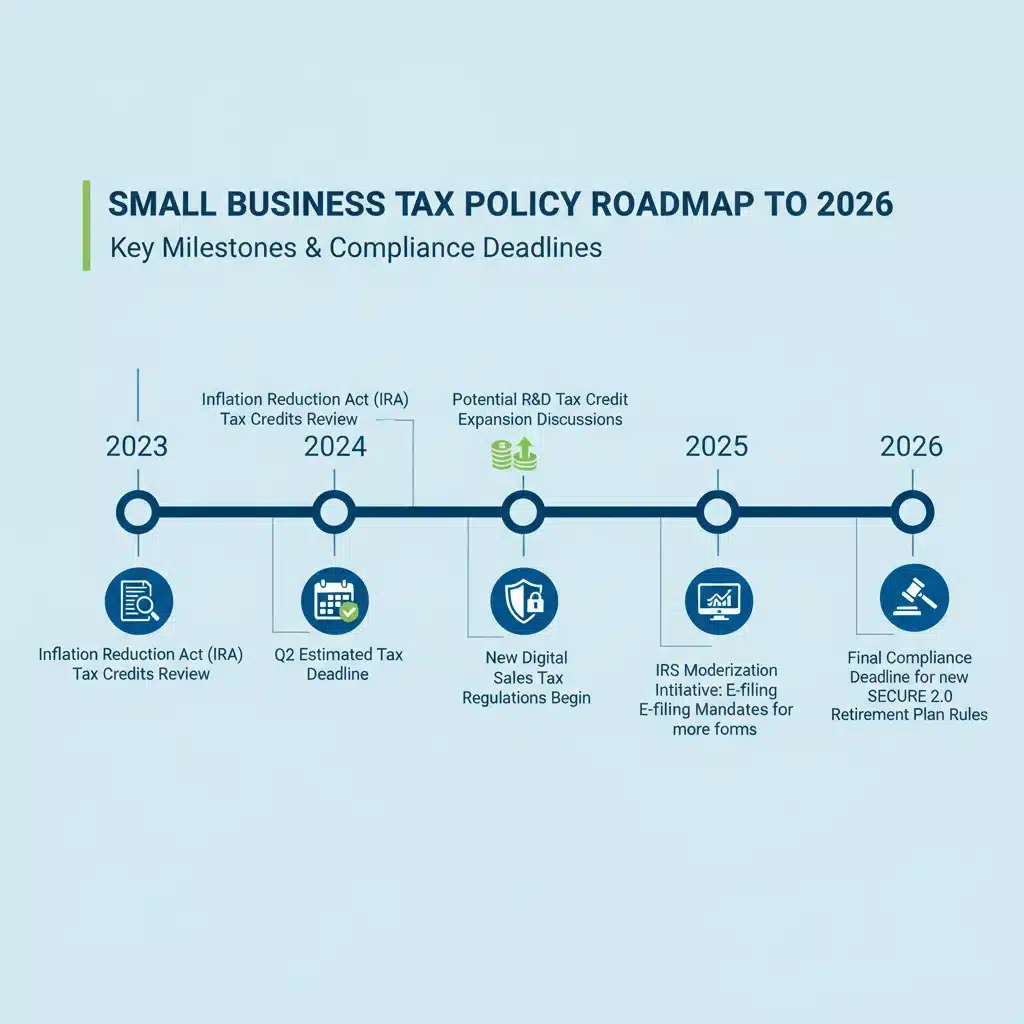Timeline illustrating important tax policy changes and deadlines for 2026