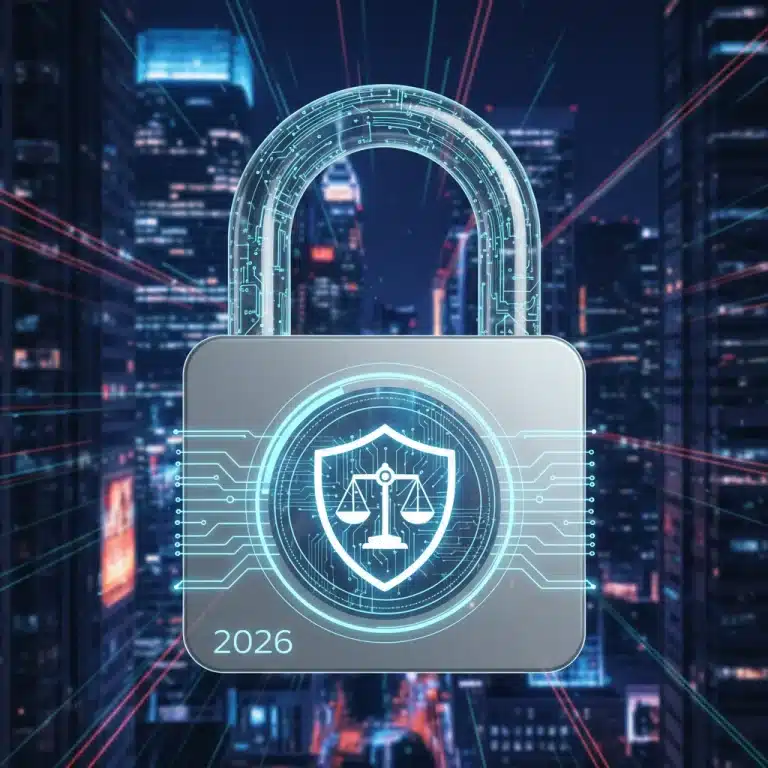 Digital padlock with shield representing 2026 cybersecurity legislation for U.S. businesses