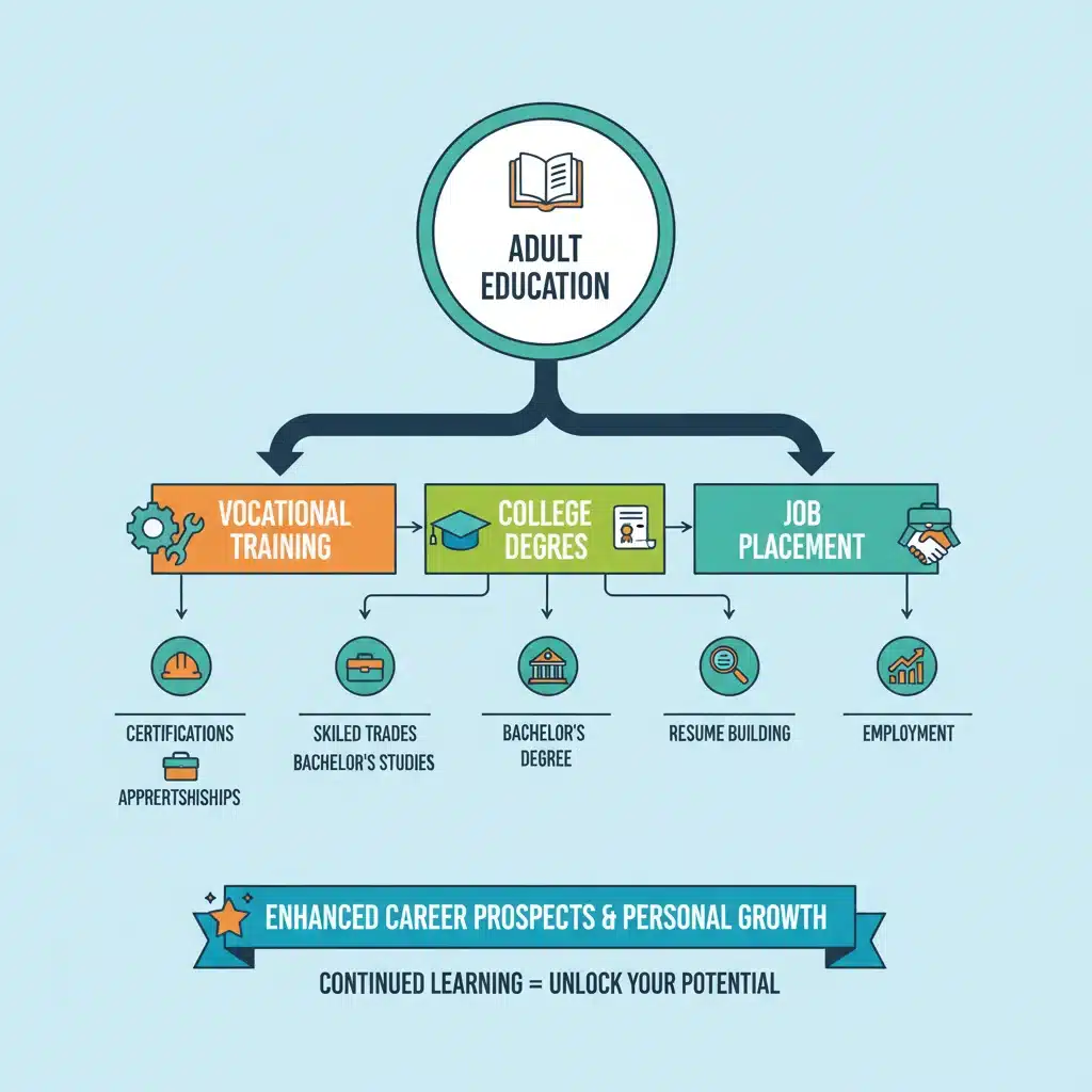 Flowchart illustrating career and educational progression through adult learning programs.