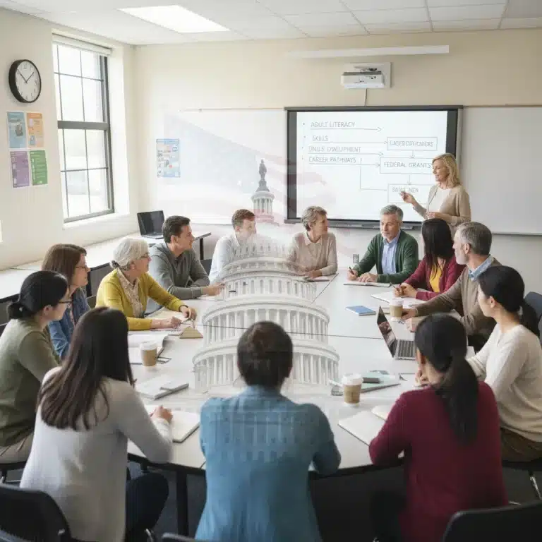 Diverse adults learning in a classroom, symbolizing government-funded adult education programs.