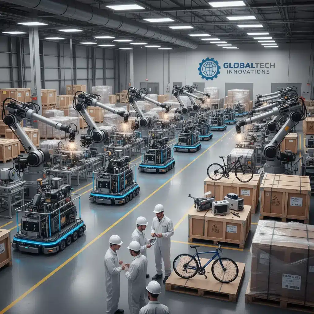 Advanced manufacturing facility preparing high-tech goods for international export, showcasing US innovation.