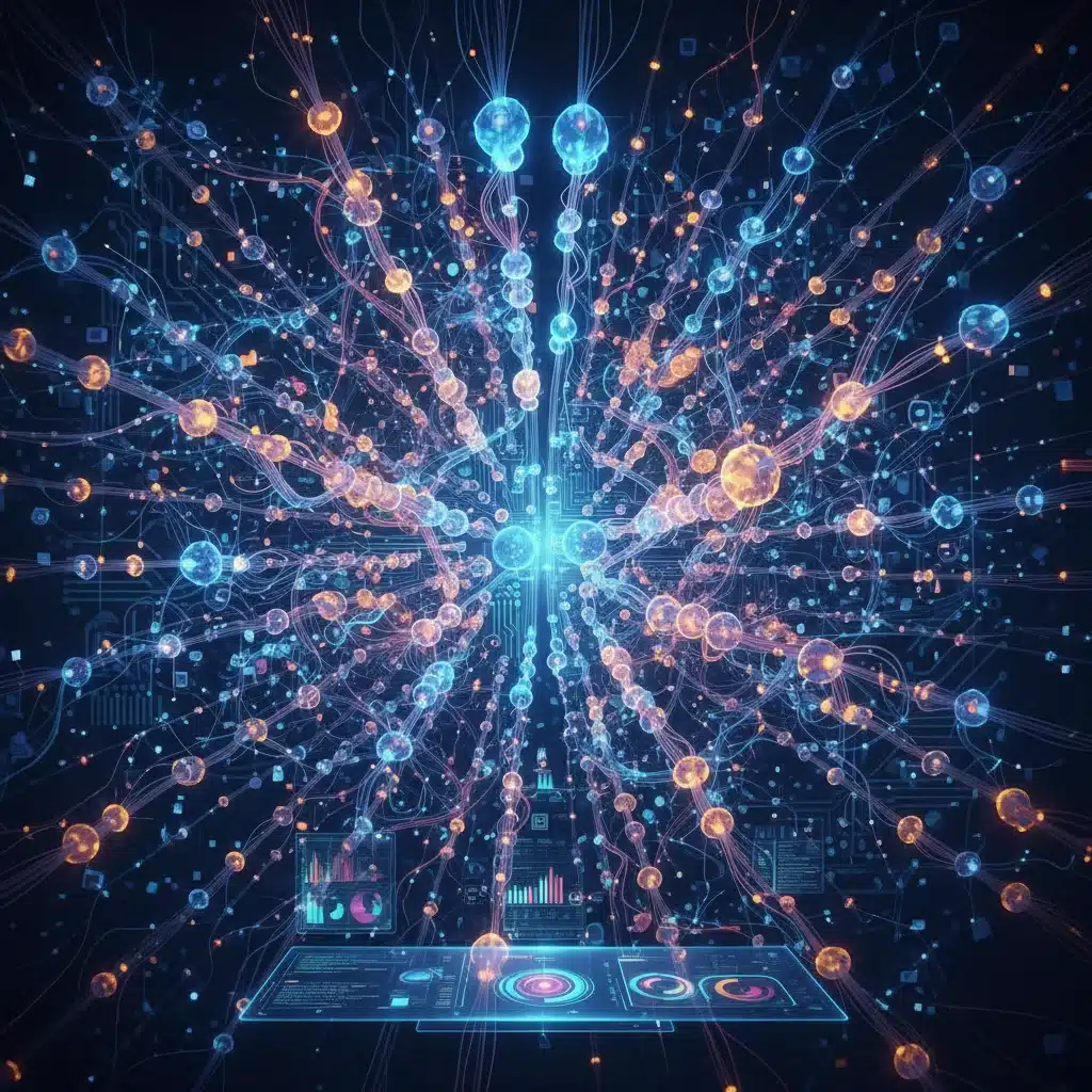 Intricate neural network illustration depicting advanced artificial intelligence processing.