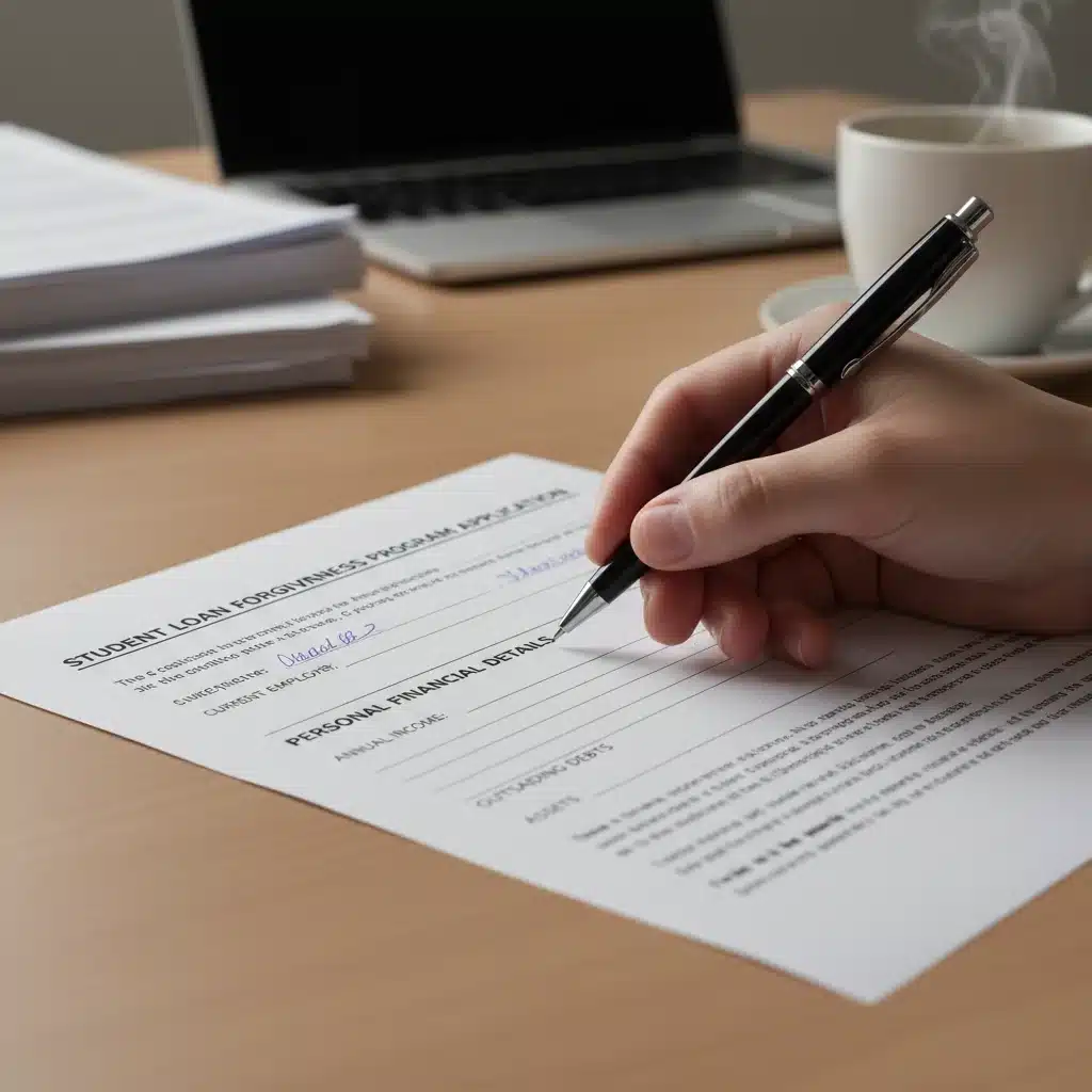 Hand filling out student loan forgiveness application form