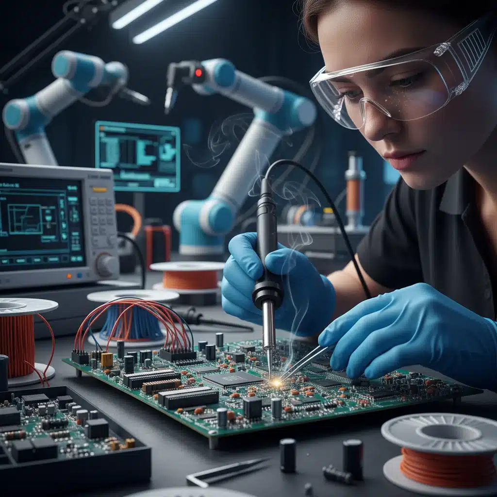 Female apprentice soldering electronic components with precision