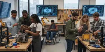 Group of apprentices learning hands-on skills in a modern workshop