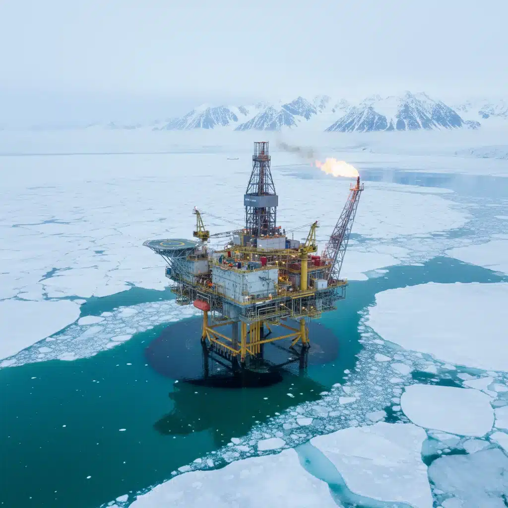 Offshore Arctic drilling platform amidst icy waters, representing resource extraction challenges