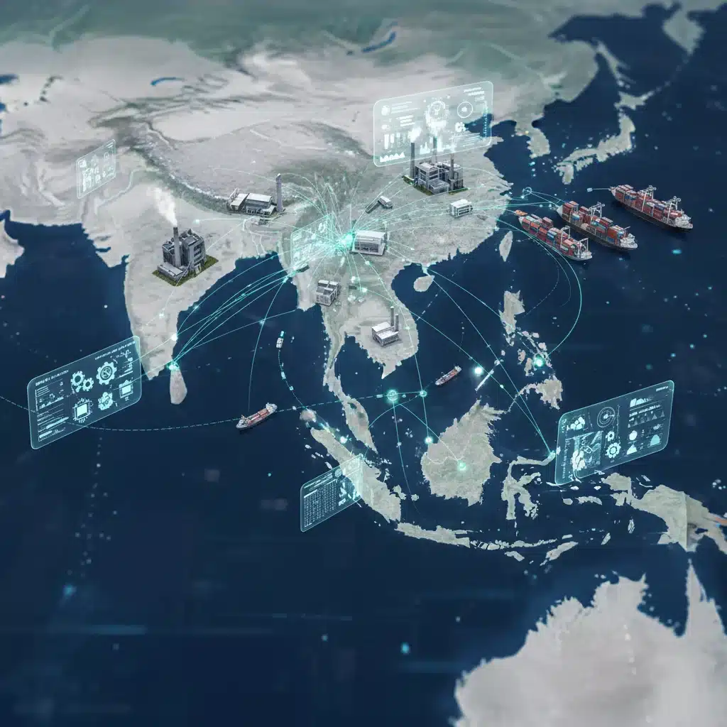Digital map showing integrated supply chains and economic corridors in Southeast Asia.