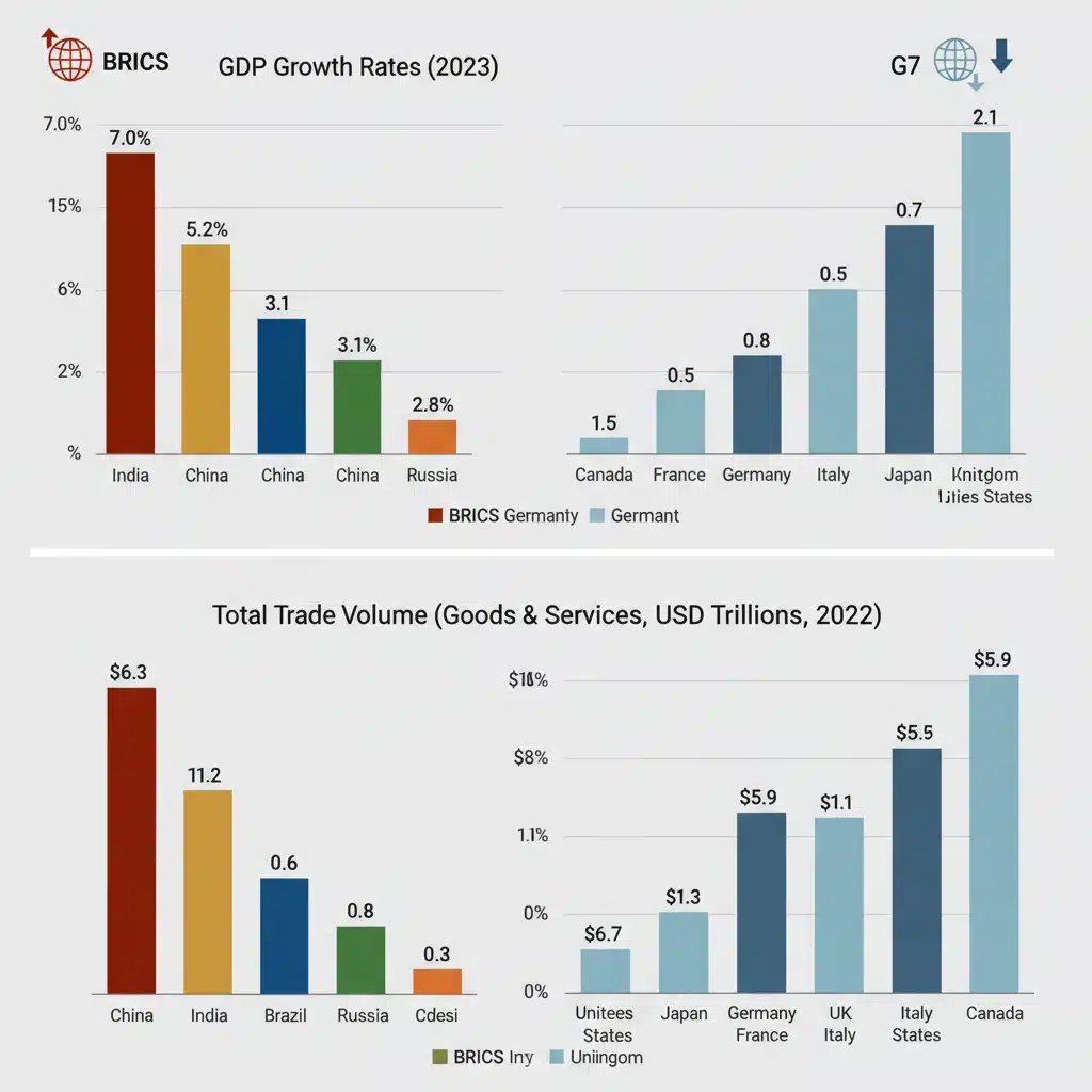 Economic comparison chart of BRICS and G7 nations, economic indicators