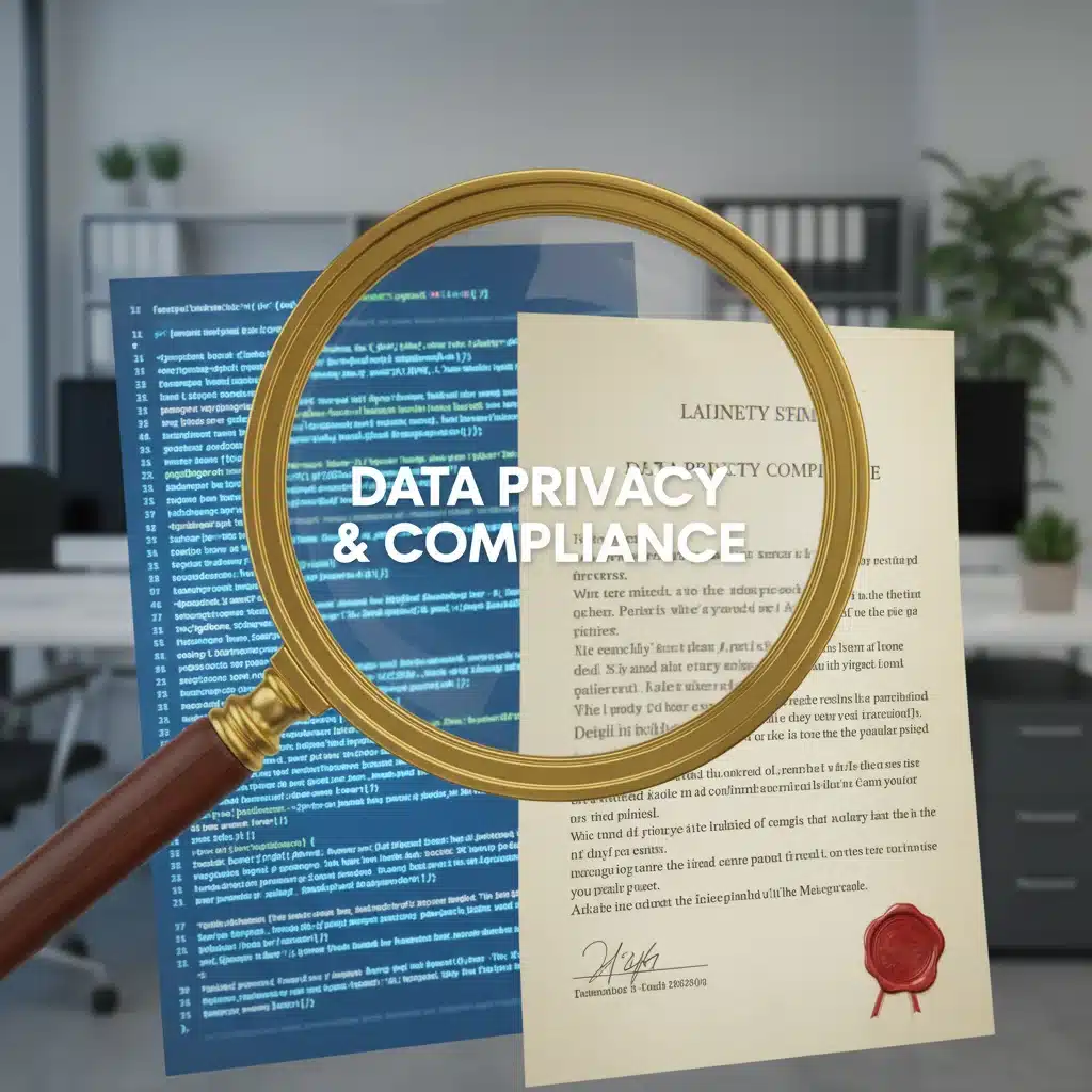 Magnifying glass examining complex data privacy compliance documents