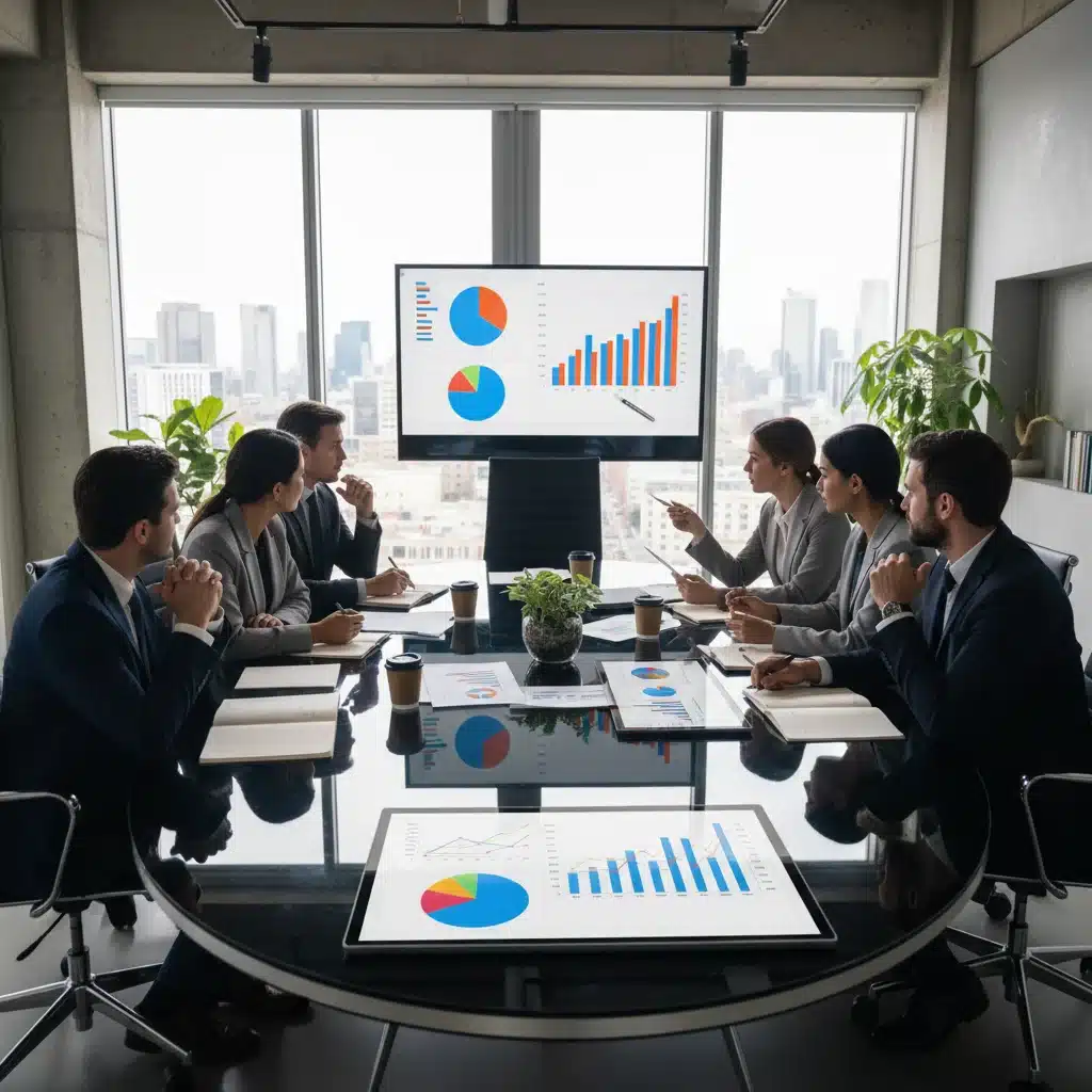 Business team analyzing financial data and strategizing for future economic conditions.
