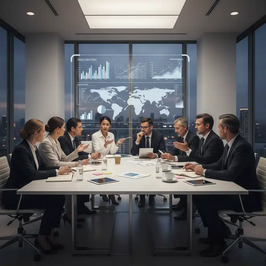 Business professionals analyzing global trade data and strategic planning