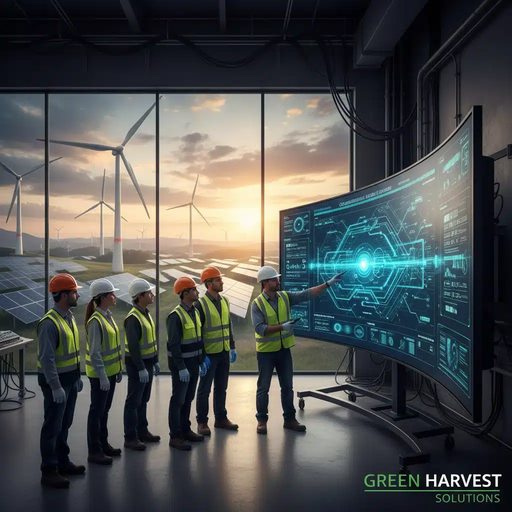 Engineers reviewing carbon capture data with renewables in the background.
