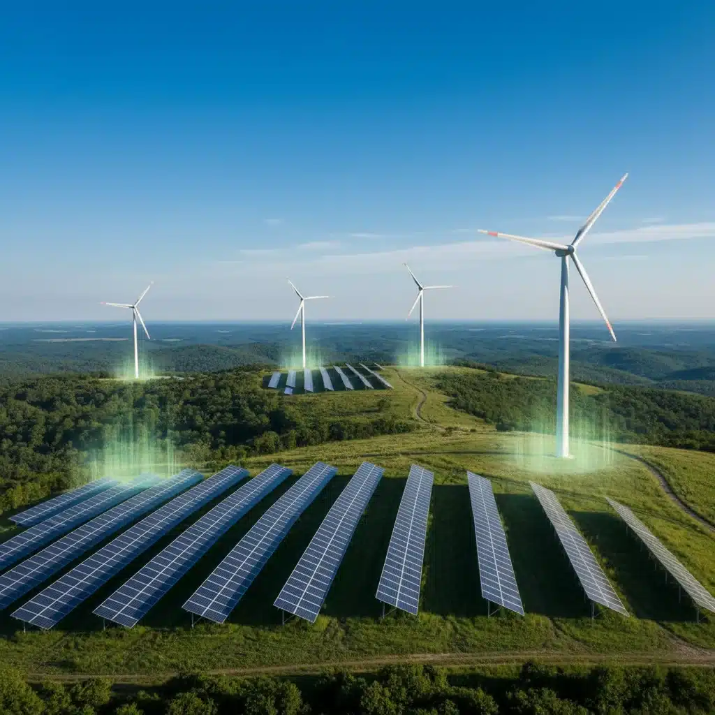 Wind turbines and solar panels in a green landscape, symbolizing clean energy innovation.