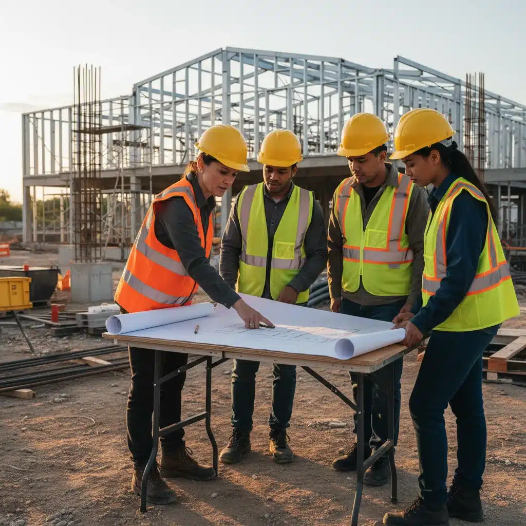 Construction instructor guiding students on a building site.