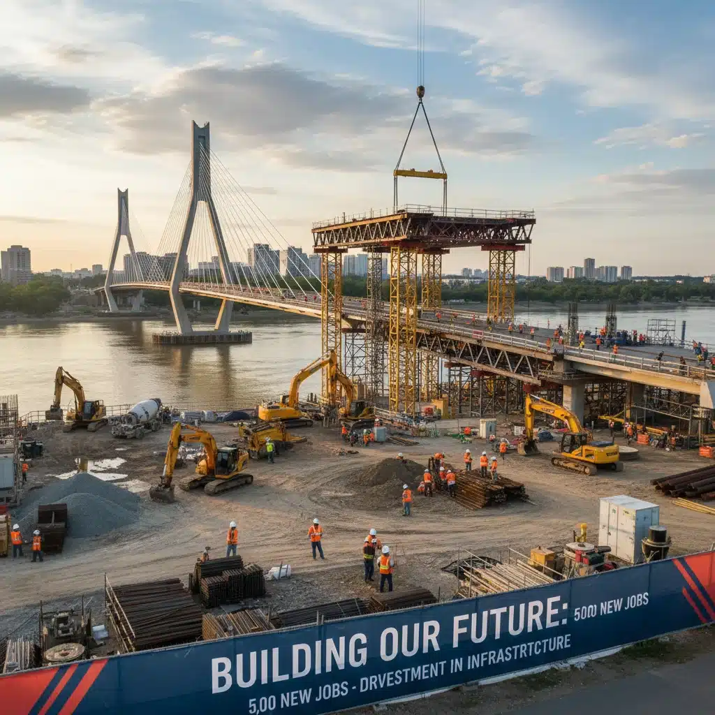 Construction workers and heavy machinery at a bridge building site, showing job creation.