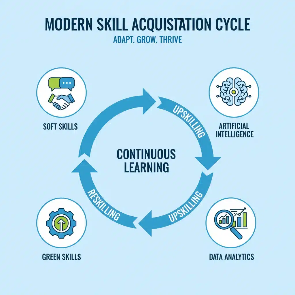 Infographic showing continuous learning cycle with AI, data, green, and soft skills.