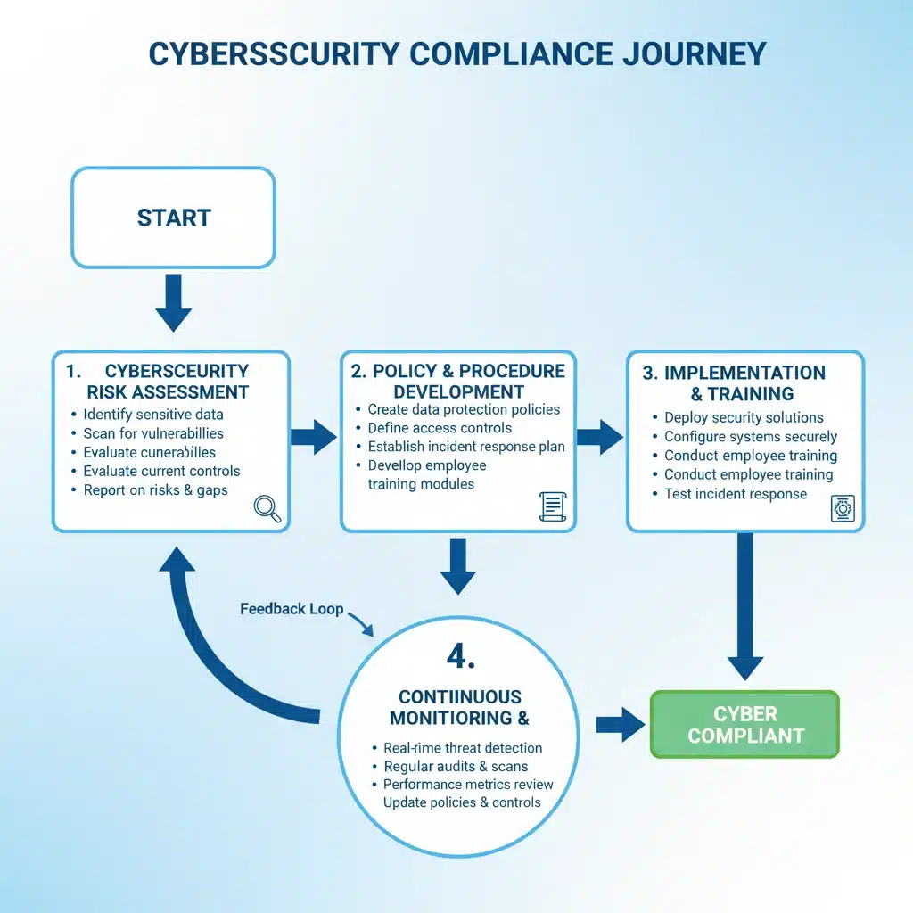 Flowchart showing cybersecurity compliance steps for businesses