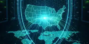 Digital shield protecting US map with global cyber connections