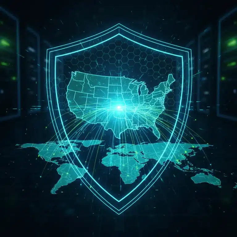 Digital shield protecting US map with global cyber connections