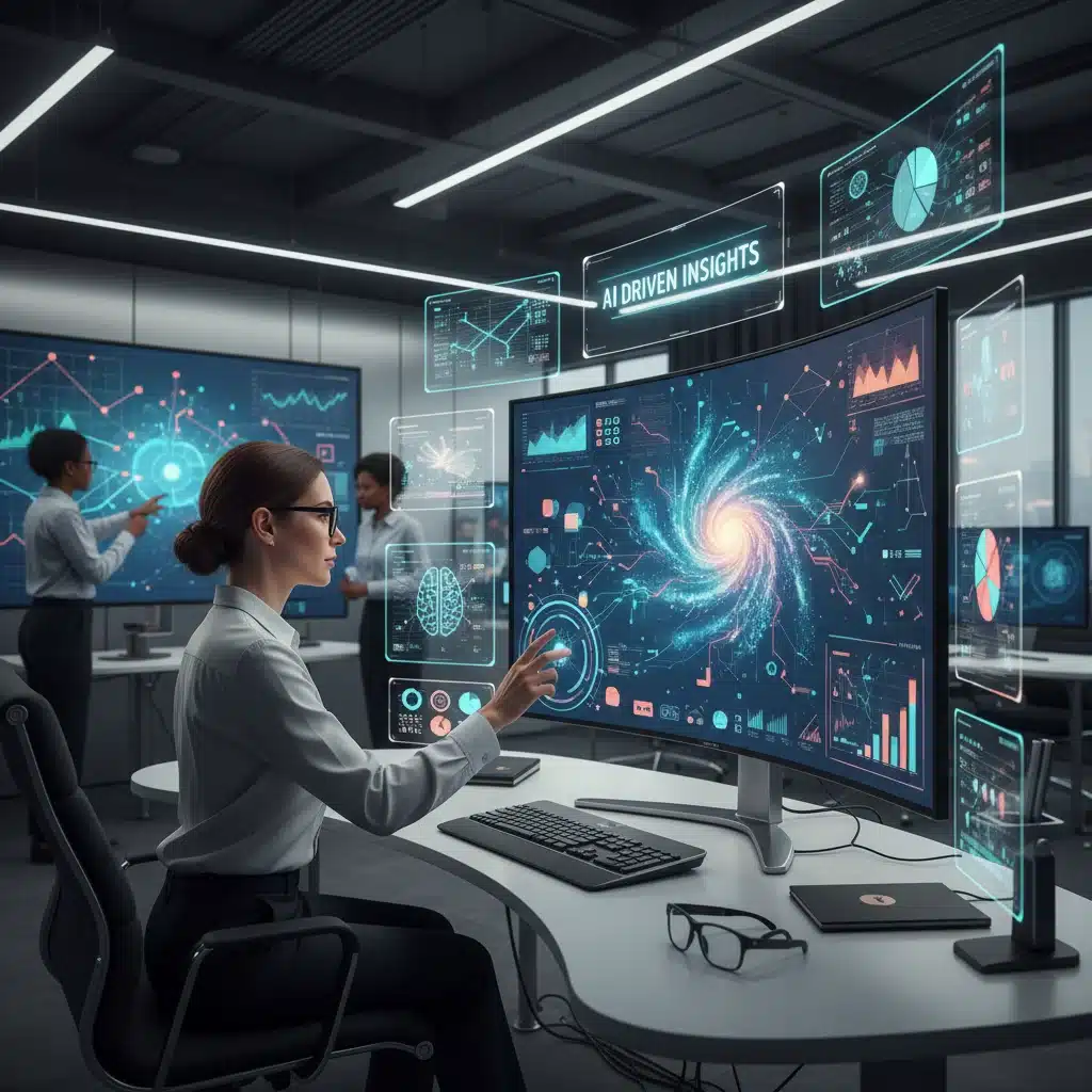Professional analyzing complex data visualizations with artificial intelligence tools